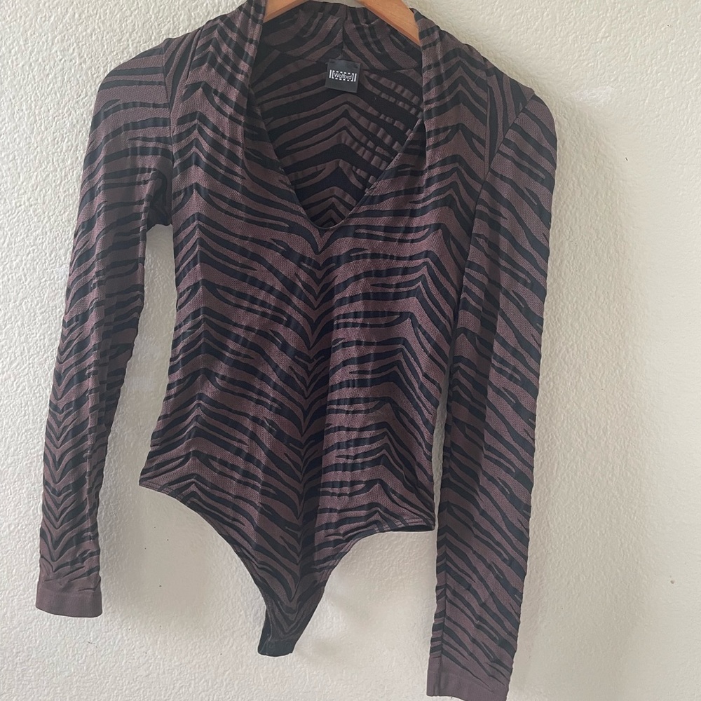Wolford Black & Brown Tiger Stripe Long Sleeve Thong Bodysuit/ small - Picture 7 of 16